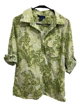 Karen Scott Floral Button Up Shirt Green Sz Medium Spring Leaf Roll Sleeve NWT